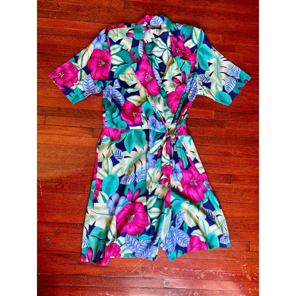 Vintage 70's S L Fashions Green Pink Tropical Floral Tiki Wrap Romper Skort Med
